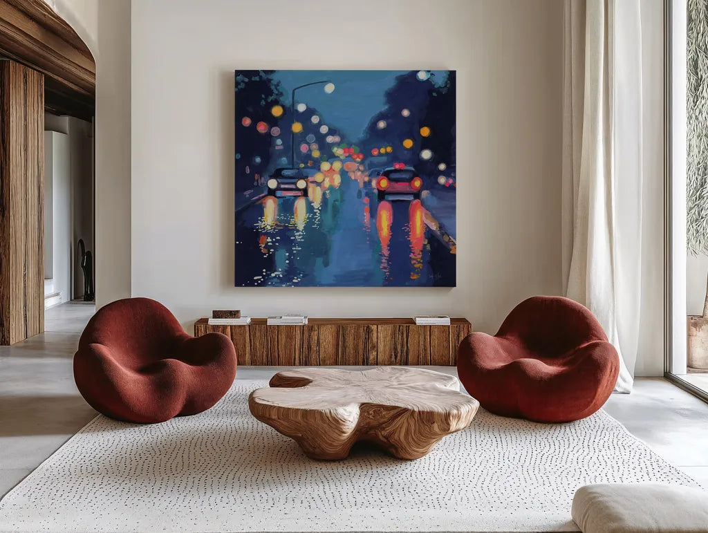 Rainy Drive in The City by Kate Jarvik Birch. Shown as extra-large giant wall art in a modern living room. Available as an archival giclee rolled canvas, fine art paper, or poster print. SKU 98528a.