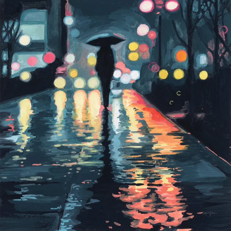 Rainy Night Stroll by Kate Jarvik Birch. SKU 98529a. Archival Giclee Fine art print for wall decor.