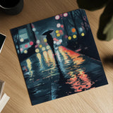 Rainy Night Stroll by Kate Jarvik Birch. Shown as a detailed flat fine art print, highlighting archival giclee quality. Available as an archival giclee rolled canvas, fine art paper, or poster print. SKU 98529a.