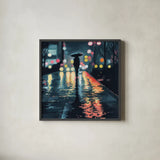 Rainy Night Stroll by Kate Jarvik Birch. Shown in a sleek black glass frame for a contemporary gallery look. Available as an archival giclee rolled canvas, fine art paper, or poster print. SKU 98529a.