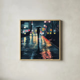 Rainy Night Stroll by Kate Jarvik Birch. Shown in a natural wood glass frame for a timeless modern aesthetic. Available as an archival giclee rolled canvas, fine art paper, or poster print. SKU 98529a.