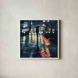 Rainy Night Stroll by Kate Jarvik Birch. Shown in a crisp white glass frame for a clean and minimalist style. Available as an archival giclee rolled canvas, fine art paper, or poster print. SKU 98529a.