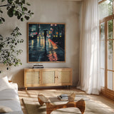 Rainy Night Stroll by Kate Jarvik Birch. Shown in a natural wood frame in a cozy modern living room. Available as an archival giclee rolled canvas, fine art paper, or poster print. SKU 98529a.
