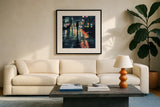 Rainy Night Stroll by Kate Jarvik Birch. Displayed in a glass frame with matte in a clean modern living room. Available as an archival giclee rolled canvas, fine art paper, or poster print. SKU 98529a.