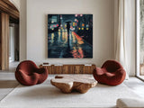 Rainy Night Stroll by Kate Jarvik Birch. Shown as extra-large giant wall art in a modern living room. Available as an archival giclee rolled canvas, fine art paper, or poster print. SKU 98529a.