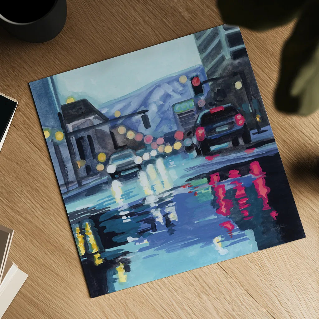 Rainy Road Late Afternoon by Kate Jarvik Birch. Shown as a detailed flat fine art print, highlighting archival giclee quality. Available as an archival giclee rolled canvas, fine art paper, or poster print. SKU 98615a.