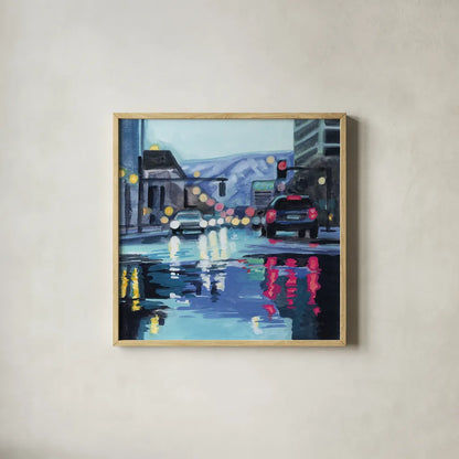 Rainy Road Late Afternoon by Kate Jarvik Birch. Shown in a natural wood glass frame for a timeless modern aesthetic. Available as an archival giclee rolled canvas, fine art paper, or poster print. SKU 98615a.