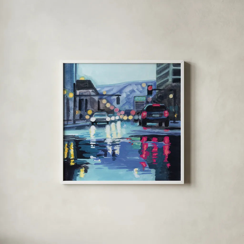 Rainy Road Late Afternoon by Kate Jarvik Birch. Shown in a crisp white glass frame for a clean and minimalist style. Available as an archival giclee rolled canvas, fine art paper, or poster print. SKU 98615a.