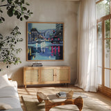 Rainy Road Late Afternoon by Kate Jarvik Birch. Shown in a natural wood frame in a cozy modern living room. Available as an archival giclee rolled canvas, fine art paper, or poster print. SKU 98615a.
