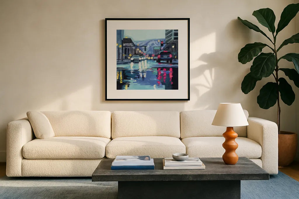 Rainy Road Late Afternoon by Kate Jarvik Birch. Displayed in a glass frame with matte in a clean modern living room. Available as an archival giclee rolled canvas, fine art paper, or poster print. SKU 98615a.