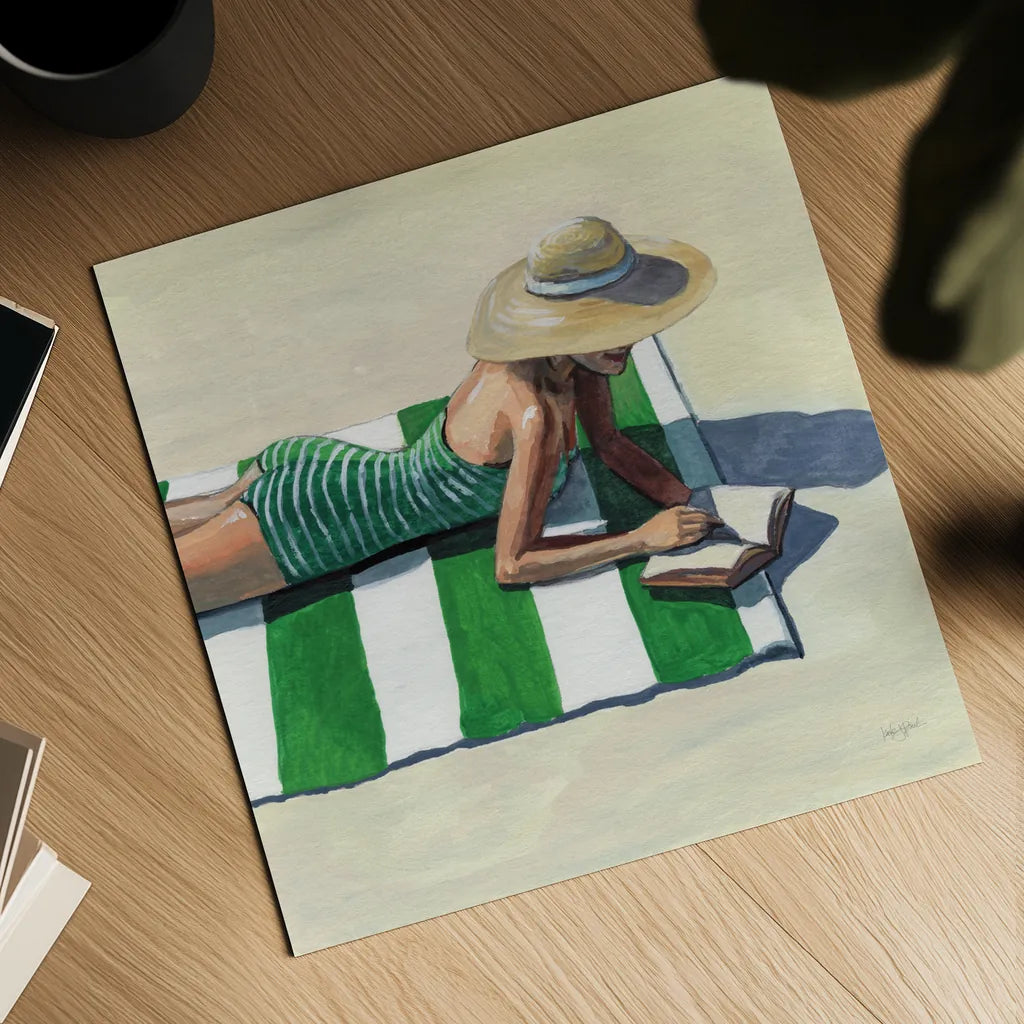 Reading at The Beach v2 by Kate Jarvik Birch. Shown as a detailed flat fine art print, highlighting archival giclee quality. Available as an archival giclee rolled canvas, fine art paper, or poster print. SKU 100782a.