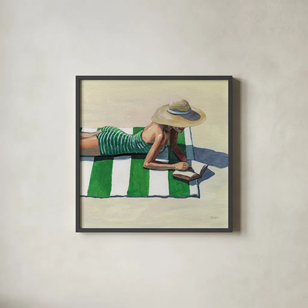 Reading at The Beach v2 by Kate Jarvik Birch. Shown in a sleek black glass frame for a contemporary gallery look. Available as an archival giclee rolled canvas, fine art paper, or poster print. SKU 100782a.