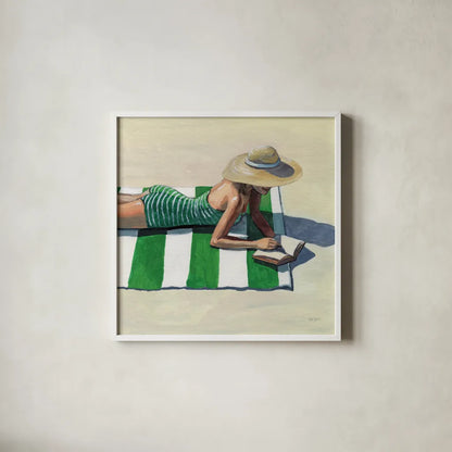 Reading at The Beach v2 by Kate Jarvik Birch. Shown in a crisp white glass frame for a clean and minimalist style. Available as an archival giclee rolled canvas, fine art paper, or poster print. SKU 100782a.