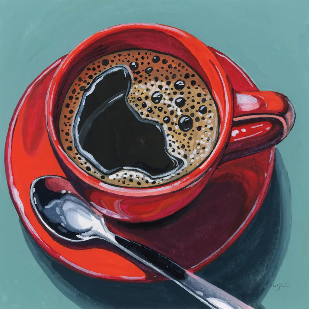 Red Cup of Black Coffee by Kate Jarvik Birch. SKU 98530a. Archival Giclee Fine art print for wall decor.