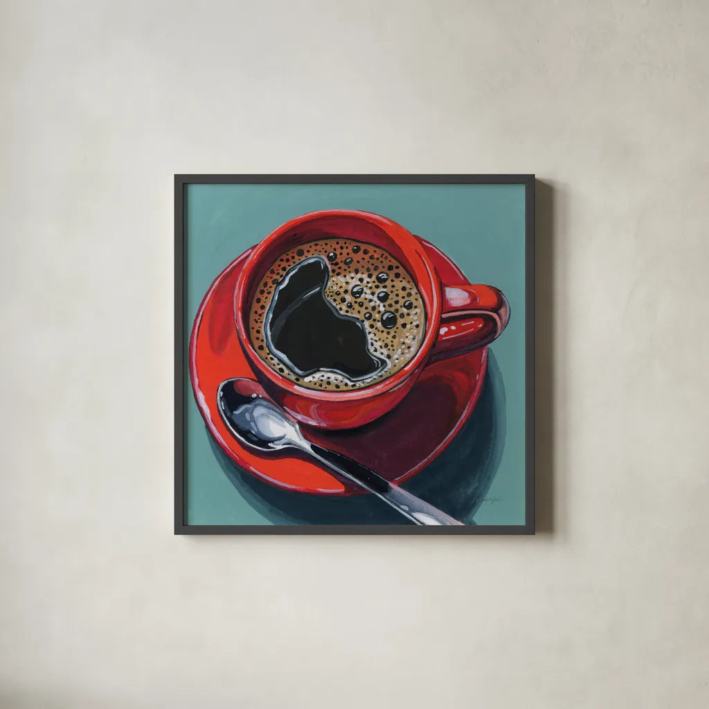 Red Cup of Black Coffee by Kate Jarvik Birch. Shown in a sleek black glass frame for a contemporary gallery look. Available as an archival giclee rolled canvas, fine art paper, or poster print. SKU 98530a.