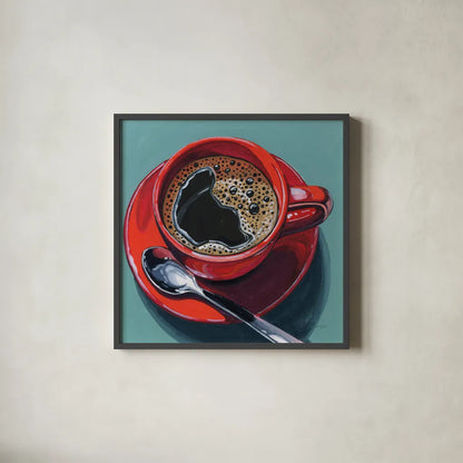 Red Cup of Black Coffee by Kate Jarvik Birch. Shown in a sleek black glass frame for a contemporary gallery look. Available as an archival giclee rolled canvas, fine art paper, or poster print. SKU 98530a.