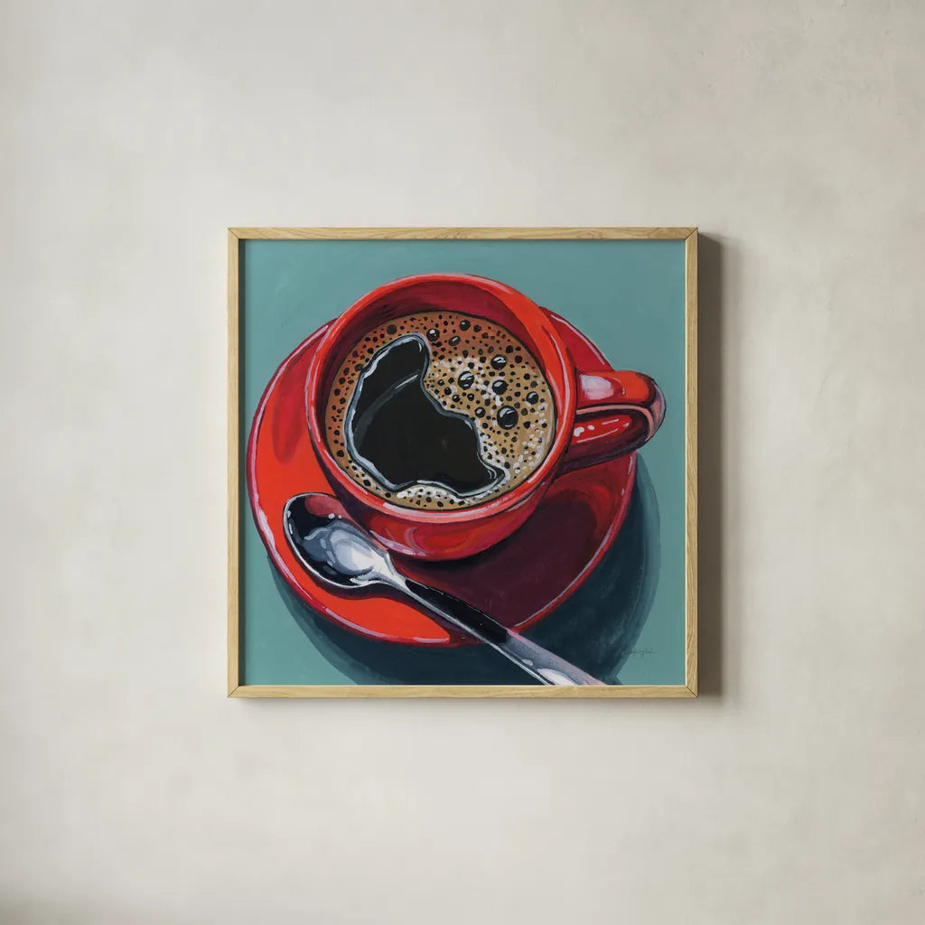Red Cup of Black Coffee by Kate Jarvik Birch. Shown in a natural wood glass frame for a timeless modern aesthetic. Available as an archival giclee rolled canvas, fine art paper, or poster print. SKU 98530a.