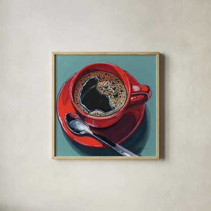 Red Cup of Black Coffee by Kate Jarvik Birch. Shown in a natural wood glass frame for a timeless modern aesthetic. Available as an archival giclee rolled canvas, fine art paper, or poster print. SKU 98530a.