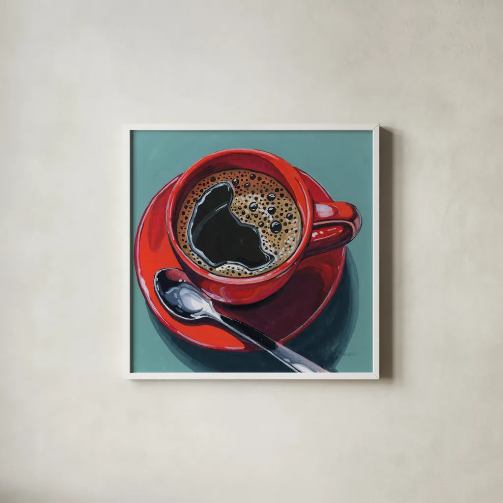 Red Cup of Black Coffee by Kate Jarvik Birch. Shown in a crisp white glass frame for a clean and minimalist style. Available as an archival giclee rolled canvas, fine art paper, or poster print. SKU 98530a.