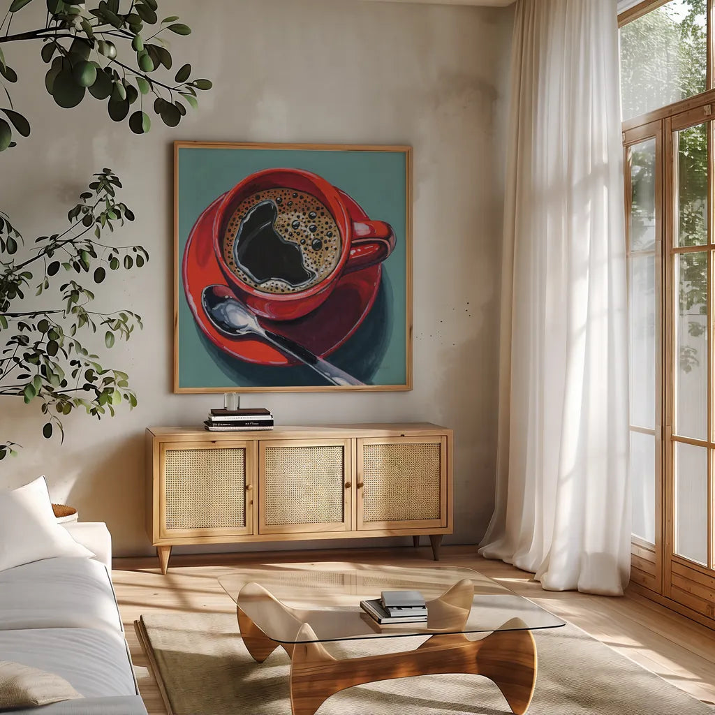 Red Cup of Black Coffee by Kate Jarvik Birch. Shown in a natural wood frame in a cozy modern living room. Available as an archival giclee rolled canvas, fine art paper, or poster print. SKU 98530a.