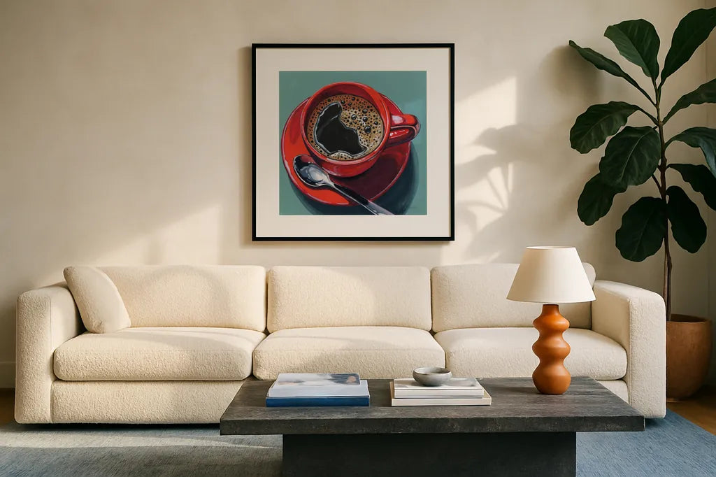 Red Cup of Black Coffee by Kate Jarvik Birch. Displayed in a glass frame with matte in a clean modern living room. Available as an archival giclee rolled canvas, fine art paper, or poster print. SKU 98530a.