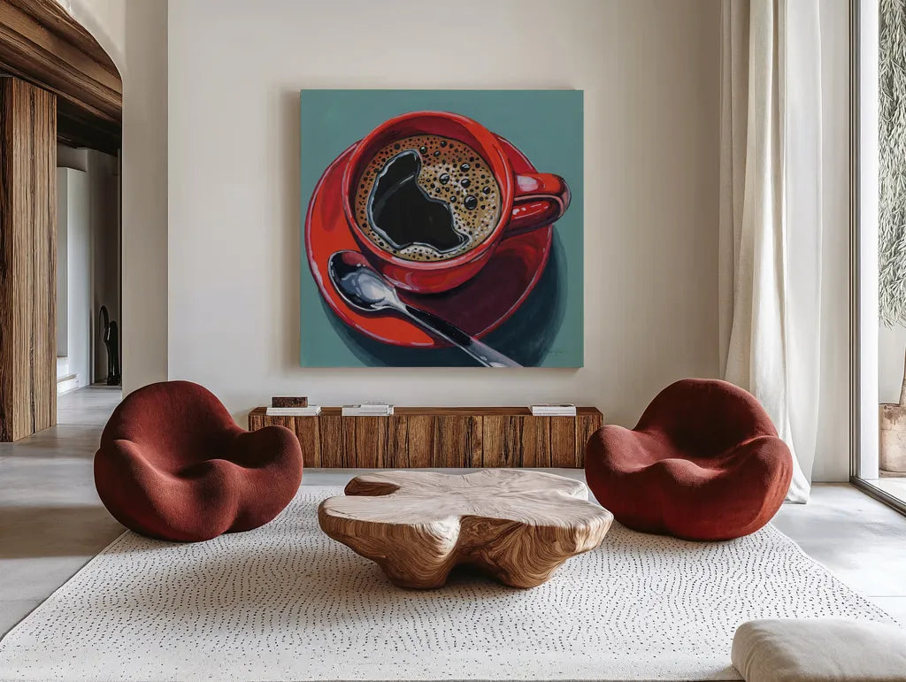 Red Cup of Black Coffee by Kate Jarvik Birch. Shown as extra-large giant wall art in a modern living room. Available as an archival giclee rolled canvas, fine art paper, or poster print. SKU 98530a.