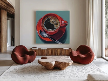 Red Cup of Black Coffee by Kate Jarvik Birch. Shown as extra-large giant wall art in a modern living room. Available as an archival giclee rolled canvas, fine art paper, or poster print. SKU 98530a.