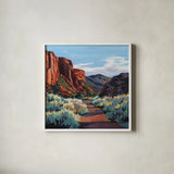 Red Earth Scenery Late Afternoon by Kate Jarvik Birch. Shown in a crisp white glass frame for a clean and minimalist style. Available as an archival giclee rolled canvas, fine art paper, or poster print. SKU 101979a.
