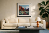 Red Earth Scenery Late Afternoon by Kate Jarvik Birch. Displayed in a glass frame with matte in a clean modern living room. Available as an archival giclee rolled canvas, fine art paper, or poster print. SKU 101979a.