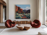 Red Earth Scenery Late Afternoon by Kate Jarvik Birch. Shown as extra-large giant wall art in a modern living room. Available as an archival giclee rolled canvas, fine art paper, or poster print. SKU 101979a.