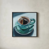 Reflections of a Morning Coffee by Kate Jarvik Birch. Shown in a sleek black glass frame for a contemporary gallery look. Available as an archival giclee rolled canvas, fine art paper, or poster print. SKU 99694a.
