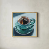 Reflections of a Morning Coffee by Kate Jarvik Birch. Shown in a natural wood glass frame for a timeless modern aesthetic. Available as an archival giclee rolled canvas, fine art paper, or poster print. SKU 99694a.