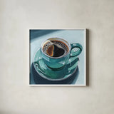 Reflections of a Morning Coffee by Kate Jarvik Birch. Shown in a crisp white glass frame for a clean and minimalist style. Available as an archival giclee rolled canvas, fine art paper, or poster print. SKU 99694a.
