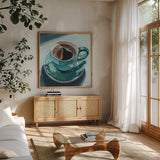 Reflections of a Morning Coffee by Kate Jarvik Birch. Shown in a natural wood frame in a cozy modern living room. Available as an archival giclee rolled canvas, fine art paper, or poster print. SKU 99694a.