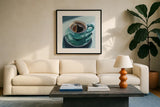 Reflections of a Morning Coffee by Kate Jarvik Birch. Displayed in a glass frame with matte in a clean modern living room. Available as an archival giclee rolled canvas, fine art paper, or poster print. SKU 99694a.