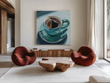 Reflections of a Morning Coffee by Kate Jarvik Birch. Shown as extra-large giant wall art in a modern living room. Available as an archival giclee rolled canvas, fine art paper, or poster print. SKU 99694a.