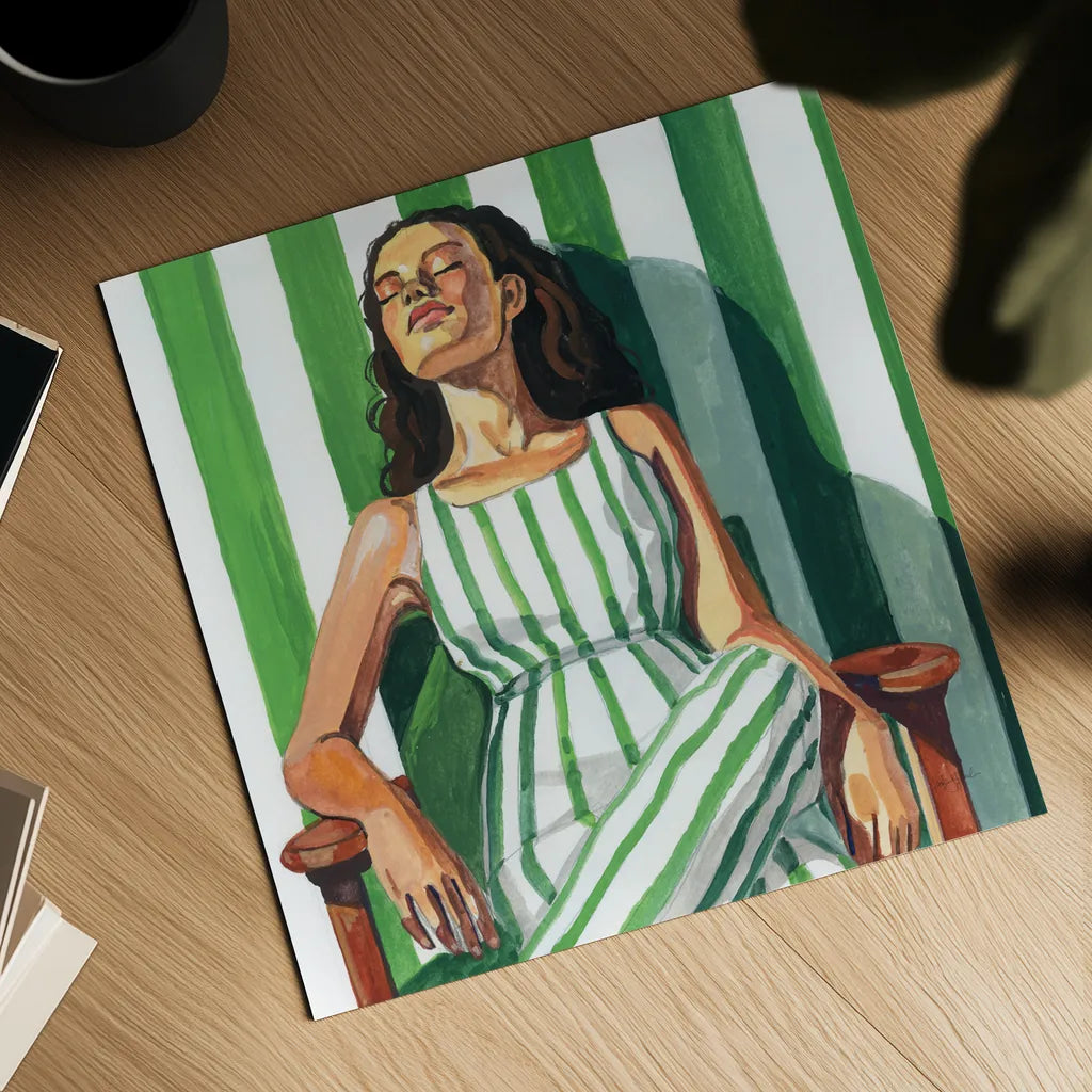 Relaxing In A Striped Dress by Kate Jarvik Birch. Shown as a detailed flat fine art print, highlighting archival giclee quality. Available as an archival giclee rolled canvas, fine art paper, or poster print. SKU 98531a.
