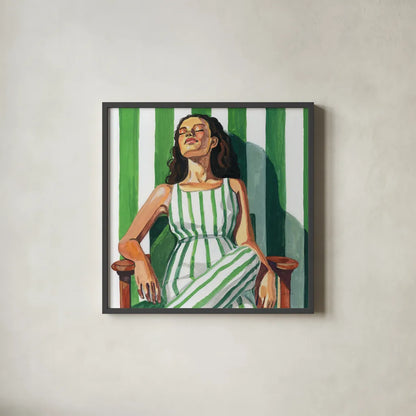 Relaxing In A Striped Dress by Kate Jarvik Birch. Shown in a sleek black glass frame for a contemporary gallery look. Available as an archival giclee rolled canvas, fine art paper, or poster print. SKU 98531a.