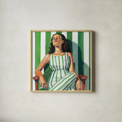 Relaxing In A Striped Dress by Kate Jarvik Birch. Shown in a natural wood glass frame for a timeless modern aesthetic. Available as an archival giclee rolled canvas, fine art paper, or poster print. SKU 98531a.