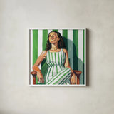Relaxing In A Striped Dress by Kate Jarvik Birch. Shown in a crisp white glass frame for a clean and minimalist style. Available as an archival giclee rolled canvas, fine art paper, or poster print. SKU 98531a.