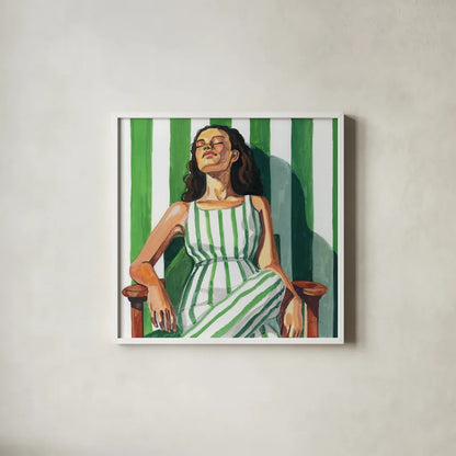 Relaxing In A Striped Dress by Kate Jarvik Birch. Shown in a crisp white glass frame for a clean and minimalist style. Available as an archival giclee rolled canvas, fine art paper, or poster print. SKU 98531a.