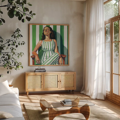 Relaxing In A Striped Dress by Kate Jarvik Birch. Shown in a natural wood frame in a cozy modern living room. Available as an archival giclee rolled canvas, fine art paper, or poster print. SKU 98531a.