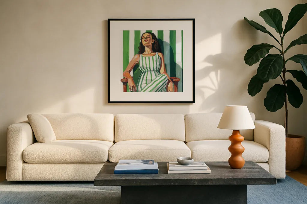 Relaxing In A Striped Dress by Kate Jarvik Birch. Displayed in a glass frame with matte in a clean modern living room. Available as an archival giclee rolled canvas, fine art paper, or poster print. SKU 98531a.
