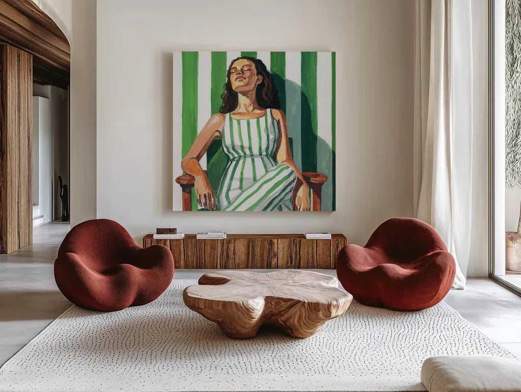 Relaxing In A Striped Dress by Kate Jarvik Birch. Shown as extra-large giant wall art in a modern living room. Available as an archival giclee rolled canvas, fine art paper, or poster print. SKU 98531a.