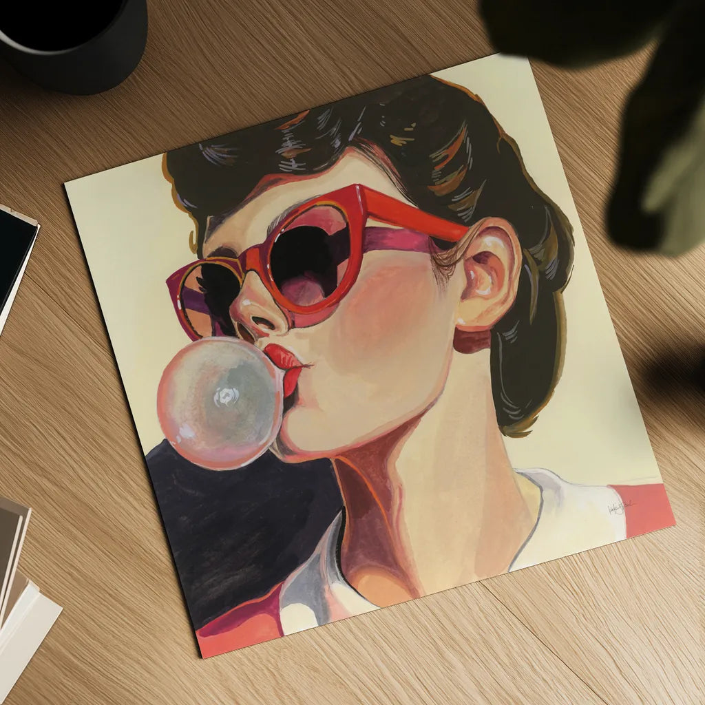 Retro Bubblegum Girl by Kate Jarvik Birch. Shown as a detailed flat fine art print, highlighting archival giclee quality. Available as an archival giclee rolled canvas, fine art paper, or poster print. SKU 100008a.
