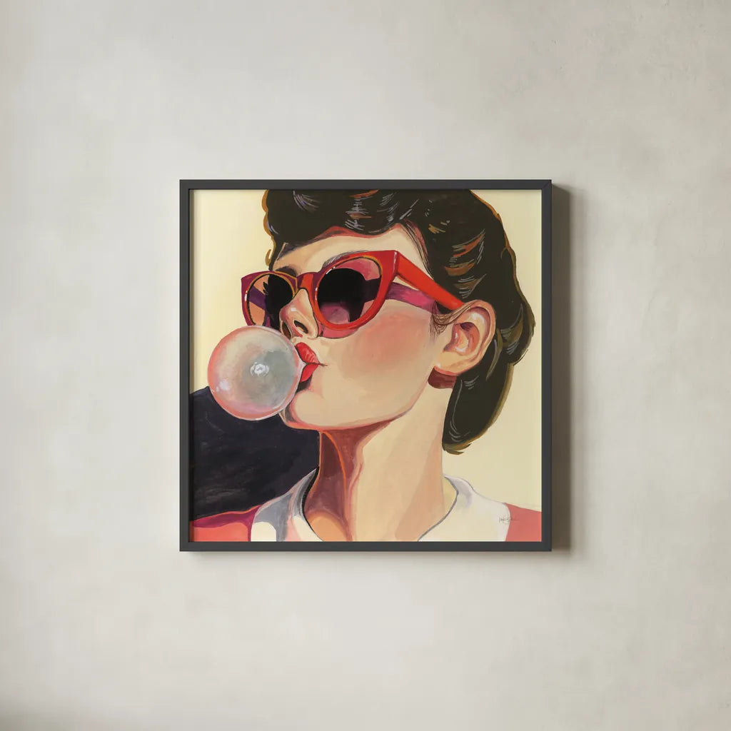 Retro Bubblegum Girl by Kate Jarvik Birch. Shown in a sleek black glass frame for a contemporary gallery look. Available as an archival giclee rolled canvas, fine art paper, or poster print. SKU 100008a.