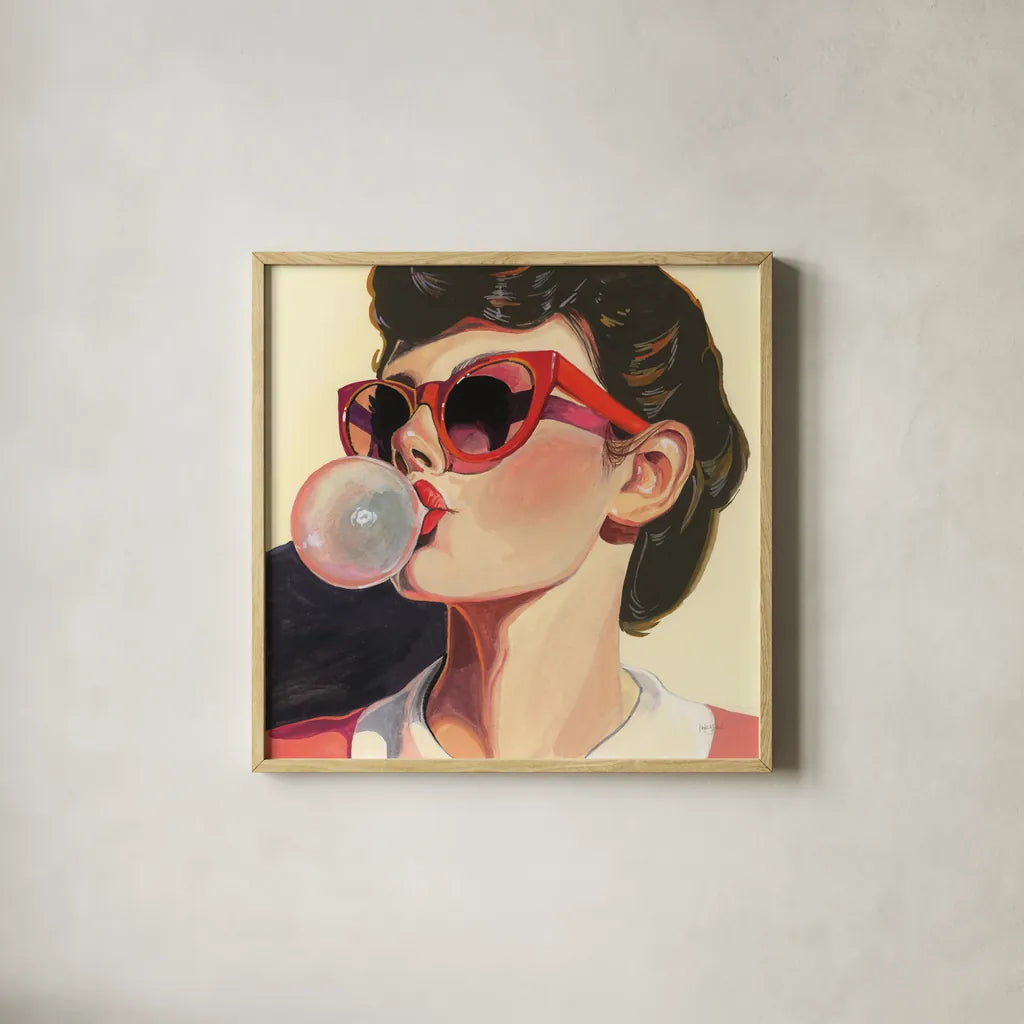 Retro Bubblegum Girl by Kate Jarvik Birch. Shown in a natural wood glass frame for a timeless modern aesthetic. Available as an archival giclee rolled canvas, fine art paper, or poster print. SKU 100008a.