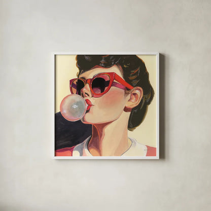 Retro Bubblegum Girl by Kate Jarvik Birch. Shown in a crisp white glass frame for a clean and minimalist style. Available as an archival giclee rolled canvas, fine art paper, or poster print. SKU 100008a.