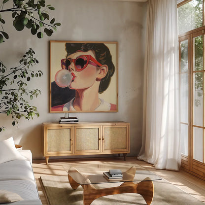 Retro Bubblegum Girl by Kate Jarvik Birch. Shown in a natural wood frame in a cozy modern living room. Available as an archival giclee rolled canvas, fine art paper, or poster print. SKU 100008a.