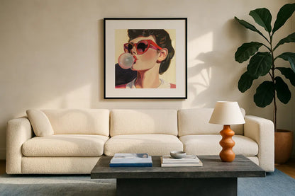 Retro Bubblegum Girl by Kate Jarvik Birch. Displayed in a glass frame with matte in a clean modern living room. Available as an archival giclee rolled canvas, fine art paper, or poster print. SKU 100008a.